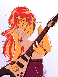 Size: 900x1200 | Tagged: safe, artist:sadscruffy, sunset shimmer, human, equestria girls, g4, electric guitar, eyes closed, female, gradient background, guitar, jewelry, musical instrument, necklace, open mouth, open smile, smiling, solo