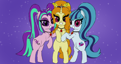 Size: 4096x2160 | Tagged: safe, artist:suryfromheaven, adagio dazzle, aria blaze, sonata dusk, earth pony, pony, unicorn, rainbow rocks 10th anniversary, equestria girls, g4, my little pony equestria girls: rainbow rocks, bipedal, choker, earth pony aria blaze, earth pony sonata dusk, equestria girls ponified, female, glare, gradient background, horn, hug, looking at you, mare, pigtails, ponified, the dazzlings, unicorn adagio dazzle