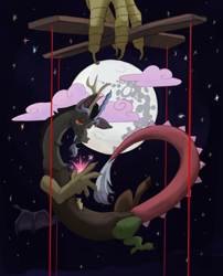 Size: 3708x4600 | Tagged: safe, artist:necropaint, discord, draconequus, g4, bat wings, cloud, complex background, cotton candy, cotton candy cloud, digital art, digital painting, food, illustration, looking at you, mare in the moon, moon, night, puppet, puppet rig, puppet strings, puppeteer, red eyes, solo, stars, talons, twilight sparkle's cutie mark, twilight's cutie mark, wings