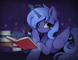 Size: 2230x1718 | Tagged: safe, artist:lerk, princess luna, alicorn, pony, g4, blushing, book, cute, ear fluff, female, folded wings, glowing, glowing horn, horn, levitation, looking at you, lunabetes, magic, magic aura, mare, smiling, smiling at you, solo, stars, telekinesis, wings