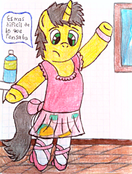 Size: 2959x3904 | Tagged: safe, artist:bitter sweetness, oc, oc only, oc:bitter sweetness, pony, unicorn, abdl, adult foal, ballet, clothes, diaper, diaper under clothes, graph paper, green eyes, horn, non-baby in diaper, pink dress, see-through, socks, solo, spanish, spanish text, traditional art, translated in the description, unicorn oc, water bottle, wooden floor