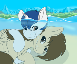 Size: 2400x2000 | Tagged: safe, artist:aegishailstorm, oc, oc only, oc:aegis hailstorm, oc:azure trailblazer, pegasus, unicorn, bubble, cuddling, cute, horn, hug, hug from behind, looking at each other, male, mountain, stallion, underwater, water