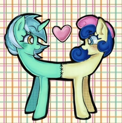 Size: 1271x1274 | Tagged: safe, artist:grim_the_end, bon bon, lyra heartstrings, sweetie drops, earth pony, pony, unicorn, g4, abstract background, conjoined, conjoined twins, female, horn, lesbian, open mouth, open smile, pushmi-pullyu, ship:lyrabon, shipping, smiling, stitched body