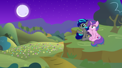 Size: 7680x4320 | Tagged: safe, editor:awesomegamergame, oc, oc only, oc:midnight storm, oc:rosey beam, alicorn, bat pony, pony, g4, 16:9, 8k, absurd resolution, alicorn oc, bat ears, bat pony oc, bat wings, blue eyes, blue mane, blue tail, colored wings, couple, cute, detailed background, ear tufts, eyelashes, fangs, female, female oc, gray coat, happy, horn, large wings, male, male oc, mare, mare oc, moon, multicolored hair, night, oc x oc, pink coat, raised hoof, romantic, shipping, show accurate, smiling, spread wings, stallion, stallion oc, stars, striped mane, striped tail, tail, two toned mane, two toned tail, two toned wings, vector, wallpaper, wings