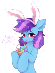 Size: 1687x2247 | Tagged: safe, artist:lerk, oc, oc only, oc:nohra, earth pony, pony, :p, basket, bunny ears, chest fluff, cute, ear fluff, earth pony oc, easter, easter egg, egg (food), eyebrows, eyebrows visible through hair, female, food, happy easter, holiday, looking at you, mare, ocbetes, signature, simple background, solo, sparkles, text, tongue out, white background