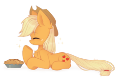 Size: 2432x1536 | Tagged: safe, artist:lerk, applejack, earth pony, pony, g4, apple, apple pie, applejack's hat, chest fluff, cowboy hat, cute, ear fluff, eyes closed, female, food, freckles, hat, jackabetes, lying down, mare, pie, ponyloaf, prone, signature, simple background, smiling, solo, sparkles, white background