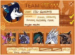 Size: 960x714 | Tagged: safe, artist:cosmalumi, oc, oc only, oc:brass tacks, oc:bright eyes, oc:cherri, oc:jasmine, oc:nimbus, bat pony, bird, hybrid, parasprite, pony, unicorn, 2021, angry, artfight, female, horn, looking at you, mare, smiling