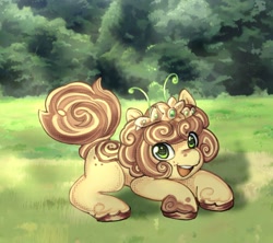 Size: 1807x1605 | Tagged: safe, artist:grim_the_end, oc, oc only, earth pony, pony, brown mane, brown tail, cute, detailed background, earth pony oc, grass, leaning, ocbetes, open mouth, open smile, smiling, tail, yellow coat