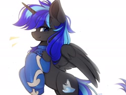 Size: 2160x1620 | Tagged: safe, artist:lerk, oc, oc only, oc:dreadnought, alicorn, pony, alicorn oc, clothes, ear fluff, emanata, horn, male, partially open wings, profile, rearing, side view, simple background, smiling, socks, solo, stallion, white background, wings