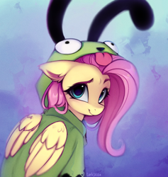 Size: 1364x1436 | Tagged: safe, artist:lerk, fluttershy, pegasus, pony, antonymph, cutiemarks (and the things that bind us), vylet pony, g4, clothes, colored eyebrows, colored pinnae, cute, eyebrows, eyelashes, female, fluffy, fluttgirshy, folded wings, gir, gradient background, hoodie, invader zim, looking at you, looking back, looking back at you, mare, raised eyebrow, shyabetes, signature, smiling, smiling at you, solo, wings