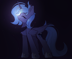 Size: 1642x1356 | Tagged: safe, artist:lerk, princess luna, alicorn, pony, g4, ^^, balancing, chest fluff, crescent moon, crown, cute, eyebrows, eyebrows visible through hair, eyes closed, female, folded wings, hoof shoes, horn, jewelry, leg fluff, long legs, lunabetes, mare, moon, peytral, ponies balancing stuff on their nose, princess shoes, regalia, smiling, solo, tangible heavenly object, wings