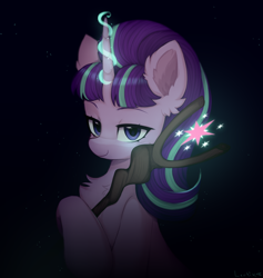 Size: 1440x1516 | Tagged: safe, artist:lerk, starlight glimmer, pony, unicorn, g4, the cutie map, chest fluff, cute, cutie mark, dark, dark background, ear fluff, eyebrows, female, glimmerbetes, glowing, glowing horn, holding, horn, looking at you, magic, mare, s5 starlight, signature, smiling, solo, staff, staff of sameness, three quarter view, twilight sparkle's cutie mark