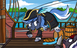 Size: 1600x1000 | Tagged: safe, artist:aleth, oc, oc only, oc:jasmine, oc:riptide, bat pony, earth pony, pony, angry, barrel, boat, clothes, cloud, cute, duo, duo female, female, hat, island, jacket, mare, ocean, pirate, pirate ship, scar, silly, smiling, sword, water, weapon