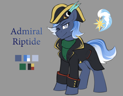 Size: 950x750 | Tagged: safe, artist:cosmalumi, oc, oc only, oc:riptide, earth pony, pony, admiral, clothes, cute, cutie mark, female, gray background, hat, jacket, looking at you, mare, one eye closed, reference sheet, simple background, solo, turtleneck, wink