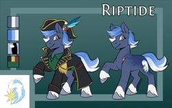 Size: 1280x804 | Tagged: safe, artist:cosmalumi, oc, oc only, oc:riptide, earth pony, pony, blue eyes, clothes, cut, cute, cutie mark, female, gradient background, hat, jacket, looking at you, mare, multicolored hair, reference sheet, scar, scarred, shirt, smiling, solo, unshorn fetlocks