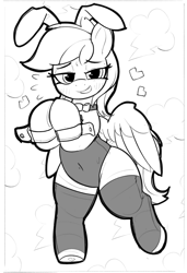 Size: 878x1287 | Tagged: safe, artist:pabbley, rainbow dash, pegasus, pony, g4, bedroom eyes, bipedal, black and white, bowtie, bunny suit, clothes, cute, dashabetes, emanata, female, floating heart, grayscale, grin, heart, hooves together, looking at you, mare, monochrome, necktie, plewds, simple background, smiling, smiling at you, solo, standing, standing on one leg, stockings, thigh highs, white background, wide hips