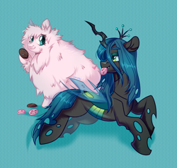 Size: 4200x4000 | Tagged: safe, artist:k0potb, queen chrysalis, oc, oc:fluffle puff, changeling, changeling queen, pony, g4, canon x oc, cookie, duo, duo female, female, fluffy, food, looking at each other, looking at someone, lying down, mouth hold, simple background