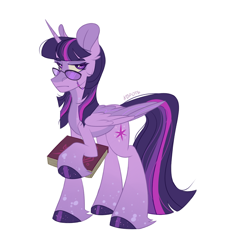 Size: 3000x3200 | Tagged: safe, artist:k0potb, twilight sparkle, alicorn, pony, g4, alternate design, book, coat markings, glasses, holding hooves, simple background, solo, twilight sparkle (alicorn), white background