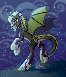 Size: 3800x4400 | Tagged: oc name needed, safe, artist:k0potb, oc, oc only, hybrid, pony, bat wings, coat markings, grass, night, scar, solo, stars, wings