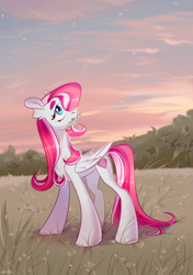 Size: 1748x2480 | Tagged: safe, artist:k0potb, diamond rose, pegasus, pony, g4, female, field, flower, grass, grass field, mare, mouth hold, outdoors, sky, solo, sunset