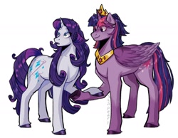 Size: 2000x1550 | Tagged: safe, artist:slapearl, rarity, twilight sparkle, alicorn, pony, unicorn, g4, crown, duo, duo female, female, horn, jewelry, lesbian, mare, regalia, ship:rarilight, shipping, simple background, twilight sparkle (alicorn), white background