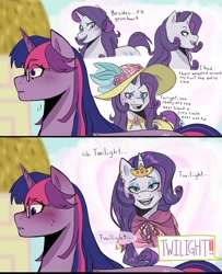 Size: 2500x3075 | Tagged: safe, artist:slapearl, rarity, twilight sparkle, pony, unicorn, g4, blushing, clothes, dress, duo, duo female, english, female, gala dress, glasses, hat, horn, jewelry, lesbian, ship:rarilight, shipping, talking, text, thinking, tiara, unicorn twilight