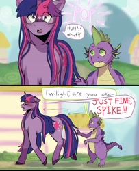 Size: 2500x3075 | Tagged: safe, artist:slapearl, spike, twilight sparkle, dragon, pony, unicorn, g4, baby, baby dragon, building, comic, day, dialogue, duo, duo male and female, english, female, glasses, horn, male, mare, talking, unicorn twilight, walking