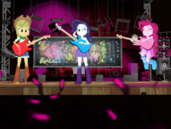 Size: 3000x2250 | Tagged: safe, artist:bigjunipermontageeqg, applejack, pinkie pie, rarity, equestria girls, g4, 3d, band, boots, clothes, concert, cowboy boots, cowboy hat, cowgirl, denim, denim skirt, electric guitar, female, glowstick, guitar, hat, high heel boots, jumping, musical instrument, one eye closed, shoes, skirt, speaker, stage light, stetson, trio, trio female, wink