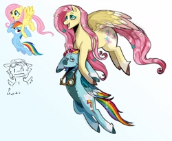 Size: 2250x1850 | Tagged: safe, artist:slapearl, fluttershy, rainbow dash, pegasus, pony, g4, alternate design, duo, duo female, female, goggles, holding a pony, open mouth, open smile, rainbow dash is not amused, simple background, smiling, unamused, white background