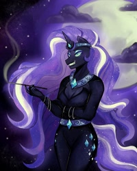 Size: 2000x2500 | Tagged: safe, artist:slapearl, nightmare rarity, alicorn, anthro, g4, detailed background, grin, moon, night, sky, smiling, solo, standing