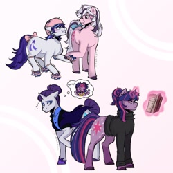 Size: 2500x2500 | Tagged: safe, artist:slapearl, glory, rarity, twilight, twilight sparkle, alicorn, pony, unicorn, g1, g4, 2024, abstract background, alternate hairstyle, alternate timeline, book, clothes, female, glasses, helmet, holding hooves, lesbian, levitation, magic, mare, night maid rarity, nightmare takeover timeline, question mark, roller skates, round glasses, ship:rarilight, shipping, skates, telekinesis, thought bubble, turtleneck, twilight sparkle (alicorn), unicorn twilight