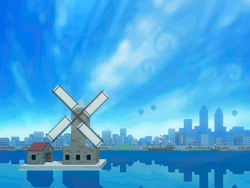 Size: 800x600 | Tagged: safe, artist:rangelost, cyoa:d20 pony, city, cityscape, cyoa, fillydelphia, hot air balloon, no pony, pixel-crisp art, reflection, river, scenery, ship, sky, skyscraper, story included, water, windmill