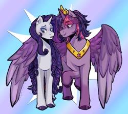 Size: 1450x1300 | Tagged: safe, artist:slapearl, rarity, twilight sparkle, alicorn, pony, unicorn, g4, crown, duo, duo female, female, gradient background, horn, jewelry, lesbian, looking at someone, looking sideways, mare, regalia, ship:rarilight, shipping, smiling, twilight sparkle (alicorn)