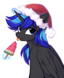 Size: 1397x1710 | Tagged: safe, artist:lerk, oc, oc only, oc:dreadnought, alicorn, pony, alicorn oc, christmas, folded wings, food, glowing, glowing horn, hat, holiday, horn, ice cream, levitation, looking at you, magic, magic aura, male, santa hat, simple background, solo, stallion, telekinesis, tongue out, white background, wings