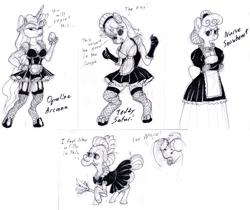 Size: 1200x1007 | Tagged: safe, artist:sepiakeys, big macintosh, granny smith, nurse coldheart, nurse snowheart, opaline arcana, teddie safari, pony, anthro, unguligrade anthro, g4, g5, clothes, maid, monochrome