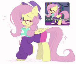 Size: 1977x1670 | Tagged: safe, alternate version, artist:lerk, fluttershy, pegasus, pony, fake it 'til you make it, g4, alternate hairstyle, clothes, dissonant caption, ear fluff, female, folded wings, glasses, hat, hipstershy, looking at you, mare, meme, one eye closed, scarf, screencap reference, shoplifting, simple background, smiling, smiling at you, solo, tail, text, white background, wings, wink, winking at you