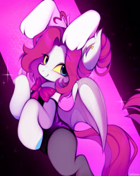 Size: 2159x2706 | Tagged: safe, artist:lerk, oc, oc only, oc:lerk, bat pony, pony, bat pony oc, bat wings, bipedal, blushing, bowtie, bunny ears, bunny suit, clothes, ear fluff, ear piercing, earring, eye clipping through hair, eyebrows, eyebrows visible through hair, female, fishnet clothing, fishnet pantyhose, high res, jewelry, looking at you, mare, necktie, pantyhose, partially open wings, piercing, playboy bunny, smiling, smiling at you, solo, wings