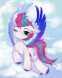 Size: 2404x3000 | Tagged: safe, artist:astralblues, zipp storm, pegasus, pony, g5, :<, adorazipp, blushing, chest fluff, cloud, colored wings, cute, ear fluff, female, flying, gradient wings, mare, multicolored wings, one ear down, one eye closed, outdoors, sky, sky background, solo, spread wings, unshorn fetlocks, wings