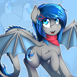 Size: 1500x1500 | Tagged: safe, artist:thebatfang, oc, oc only, oc:blumoon, bat pony, pony, bat pony oc, bat wings, eye clipping through hair, eyebrows, eyebrows visible through hair, fangs, female, leonine tail, looking up, mare, open mouth, open smile, raised hoof, smiling, solo, spread wings, tail, wings, zoom layer