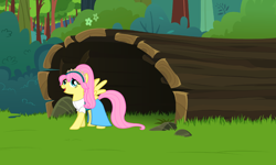 Size: 3580x2141 | Tagged: safe, artist:sirius-writer, fluttershy, pegasus, pony, g4, clothes, cosplay, costume, crossover, don bluth, female, forest, log, mare, nature, solo, thumbelina, thumbelina (1994), tree