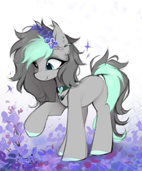 Size: 1645x1985 | Tagged: safe, artist:lerk, oc, oc only, oc:opal stone, earth pony, pony, ear piercing, earring, earth pony oc, female, flower, flower in hair, jewelry, mare, piercing, raised hoof, smiling, solo, tail