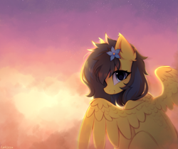 Size: 1933x1620 | Tagged: oc name needed, safe, alternate version, artist:lerk, oc, oc only, pegasus, pony, blushing, cloud, ear fluff, female, flower, flower in hair, looking at you, looking back, looking back at you, mare, pegasus oc, sky, smiling, smiling at you, solo, spread wings, wings