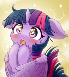 Size: 2160x2400 | Tagged: safe, artist:symbianl, twilight sparkle, alicorn, pony, g4, abstract background, blushing, bust, cheek fluff, cute, ear fluff, female, floppy ears, fluffy, high res, horn, leg fluff, mare, open mouth, solo, solomare, starry eyes, twiabetes, twilight sparkle (alicorn), weapons-grade cute, wing fluff, wingding eyes, wings