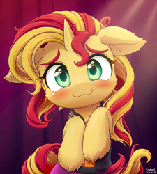 Size: 2160x2400 | Tagged: safe, artist:symbianl, sunset shimmer, pony, unicorn, g4, :3, blushing, clothes, cute, daaaaaaaaaaaw, ear fluff, equestria girls outfit, female, floppy ears, fluffy, high res, hnnng, horn, looking at you, mare, shimmerbetes, smiling, smiling at you, solo, symbianl is trying to murder us, weapons-grade cute