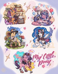 Size: 1031x1293 | Tagged: safe, artist:sanatorium, cloudpuff, hitch trailblazer, izzy moonbow, pipp petals, sunny starscout, zipp storm, dog, earth pony, flying pomeranian, pegasus, pomeranian, pony, unicorn, g5, balloon, book, cellphone, clothes, flower, horn, mane five, microphone, phone, pillow, reading, singing, smartphone, sunflower, winged dog