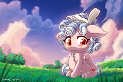 Size: 2400x1600 | Tagged: safe, artist:symbianl, cozy glow, pegasus, pony, g4, :3, chest fluff, cloud, cloudy, cozybetes, cute, female, filly, foal, grass, hill, outdoors, sad, sadorable, sitting, sky, solo, teary eyes