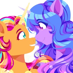 Size: 1000x1000 | Tagged: safe, artist:teallet, izzy moonbow, sunny starscout, alicorn, earth pony, pony, unicorn, g5, boop, duo, duo female, female, horn, lesbian, lineless, looking at each other, looking at someone, mane stripe sunny, noseboop, race swap, ship:moonscout, shipping, simple background, sunnycorn, white background