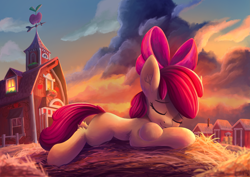 Size: 4961x3508 | Tagged: safe, artist:atlas-66, apple bloom, earth pony, pony, g4, absurd resolution, adorabloom, apple bloom's bow, apple farm, barn, blank flank, bow, cloud, commission, cute, digital art, ear fluff, eyes closed, female, filly, foal, hair bow, hay, leg fluff, lying down, outdoors, prone, scenery, sky, sleeping, smiling, solo, sweet apple acres