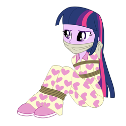 Size: 2500x2500 | Tagged: safe, artist:nie-martw-sie-o-mnie, twilight sparkle, human, equestria girls, g4, bondage, bound and gagged, cloth gag, clothes, female, femsub, gag, heart, pajamas, rope, rope bondage, simple background, sitting, slippers, solo, submissive, tied up, transparent background, twisub