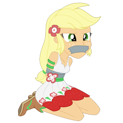 Size: 2000x2000 | Tagged: safe, artist:nie-martw-sie-o-mnie, applejack, human, equestria girls, equestria girls specials, g4, my little pony equestria girls: spring breakdown, applesub, bondage, boots, clothes, cowboy boots, dress, female, femsub, freckles, gag, kneeling, shoes, simple background, skinny, solo, submissive, tape, tape bondage, tape gag, thin, transparent background